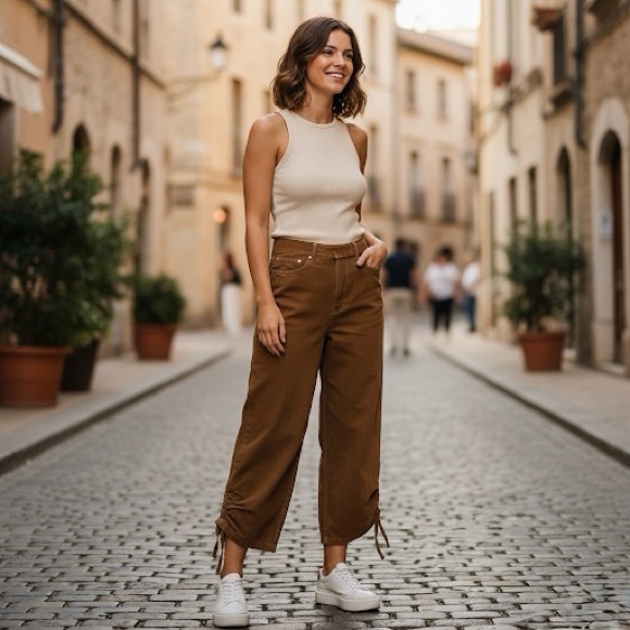 Zara Women’s Brown High Waisted Wide-Leg Cropped Pants W/Drawstring Hem Size 2 - Picture 2 of 13